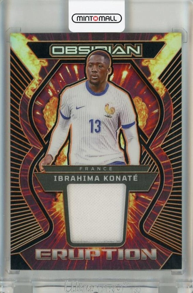 2023-24 Panini Obsidian Ibrahima Konate Atomic Material Electric Etch Orange trading card #1898/99