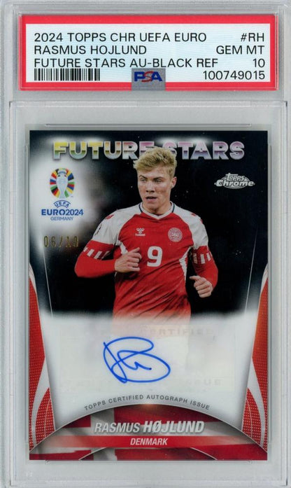 2024 Topps Chrome UEFA Euro Soccer Rasmus Hojlund Future Stars Autographs Black Refractors PSA10 card
