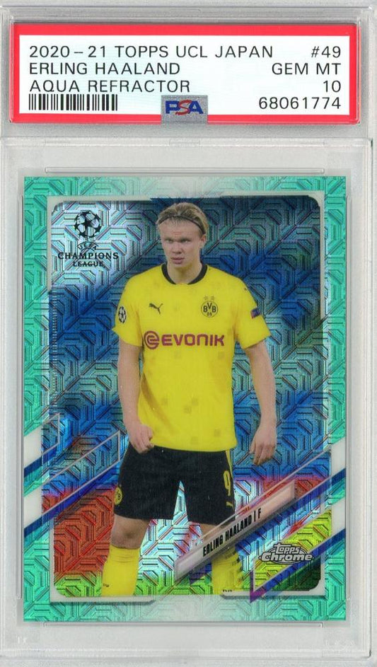 2020-21 Topps Chrome Uefa Champions League Japan Edition Erling Haaland Aqua Refractor card graded PSA10