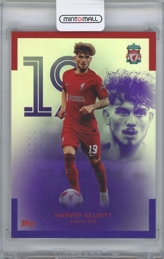 2022-23 TOPPS Liverpool FC Team Set Purple Foil card #10 featuring Harvey Elliott serial 04 of 15