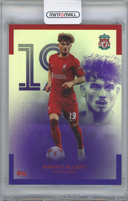 2022-23 TOPPS Liverpool FC Team Set Purple Foil card #10 featuring Harvey Elliott serial 04 of 15