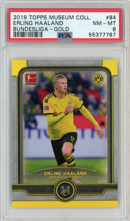 2019-20 Topps Museum Collection Erling Haaland Borussia Dortmund Gold Parallel PSA 8 rookie card serial 44 of 50