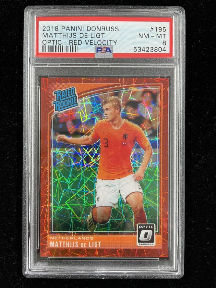 2018-19 Donruss Netherlands Matthijs de Ligt Rated Rookie Base Optic Red Velocity card serial numbered 24 of 50
