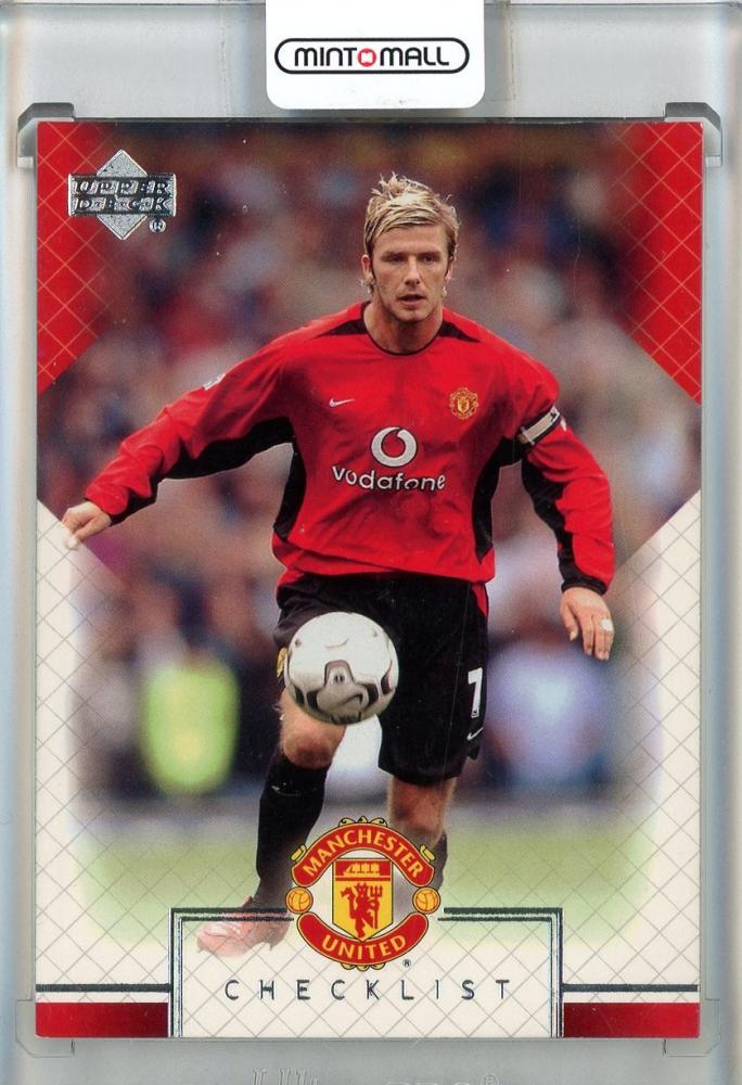 2002 Upper Deck Manchester United David Beckham Checklist trading card featuring David Beckham in Manchester United kit
