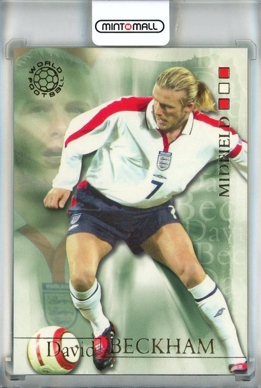 2004 Futera World Football trading card of David Beckham #18 in Manchester United kit