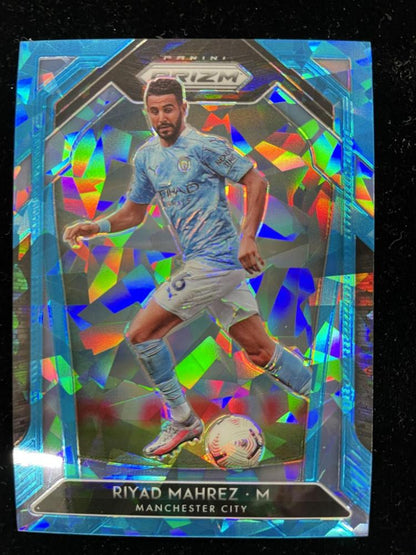 2020-21 Panini Prizm Premier League Manchester City Riyad Mahrez Base Blue Ice trading card serial 01 of 75
