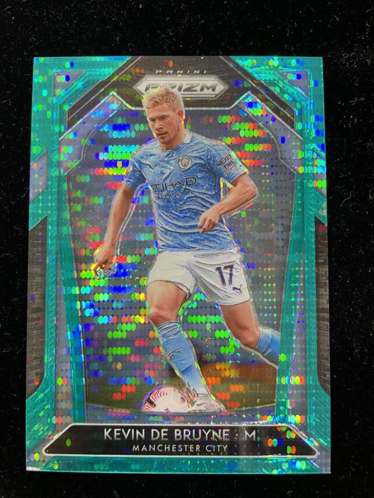 2020-21 Panini Prizm Premier League Kevin De Bruyne Base Teal Parallel card numbered 18 of 49 from Manchester City
