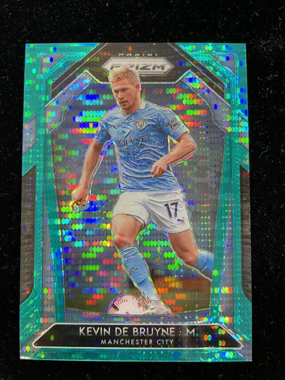 2020-21 Panini Prizm Premier League Kevin De Bruyne Base Teal Parallel card numbered 18 of 49 from Manchester City