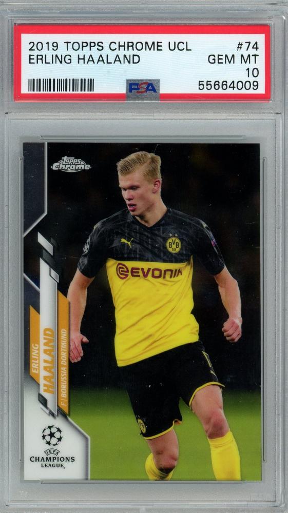 2018-19 Topps Chrome UEFA Champions League Soccer Card Erling Haaland Base #74 PSA10 Borussia Dortmund