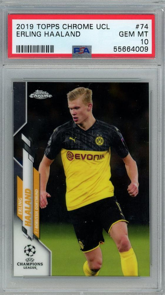 2018-19 Topps Chrome UEFA Champions League Soccer Card Erling Haaland Base #74 PSA10 Borussia Dortmund