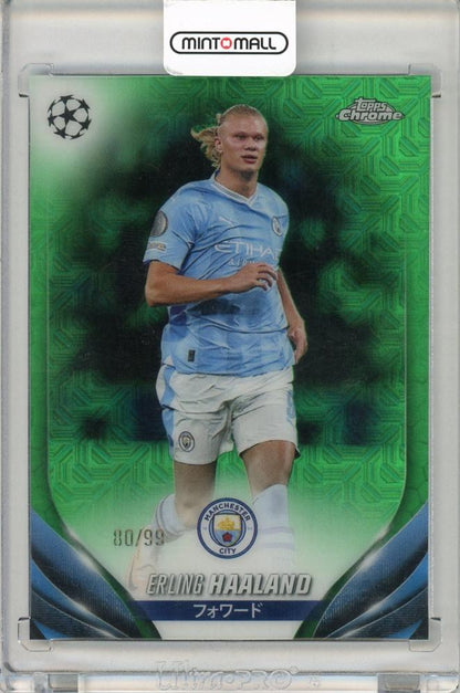 2023-24 Topps Chrome UEFA Club Erling Haaland Green Mojo Refractor card numbered 80 of 99 from Manchester City