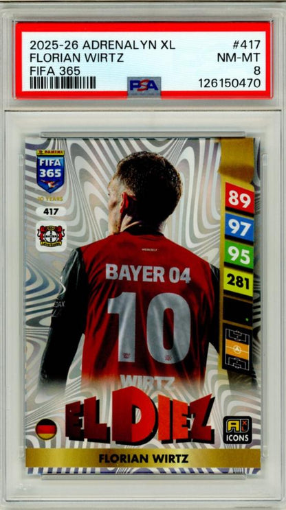 2025-26 Panini Adrenalyn XL Florian Wirtz #417 FIFA365 trading card graded PSA8