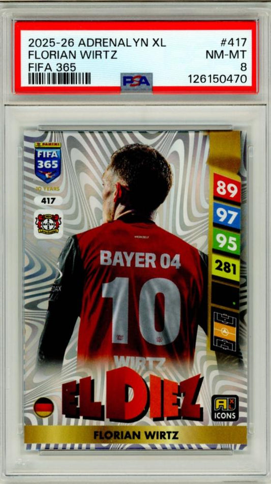 2025-26 Panini Adrenalyn XL Florian Wirtz #417 FIFA365 trading card graded PSA8