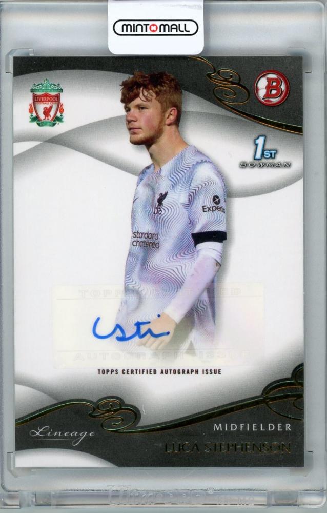 2022-23 TOPPS Liverpool Lineage Luca Stephenson 1st Bowman Auto trading card featuring Liverpool FC