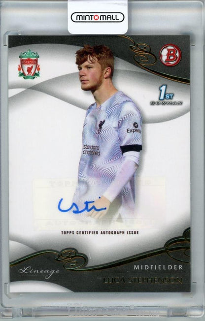 2022-23 TOPPS Liverpool Lineage Luca Stephenson 1st Bowman Auto trading card featuring Liverpool FC