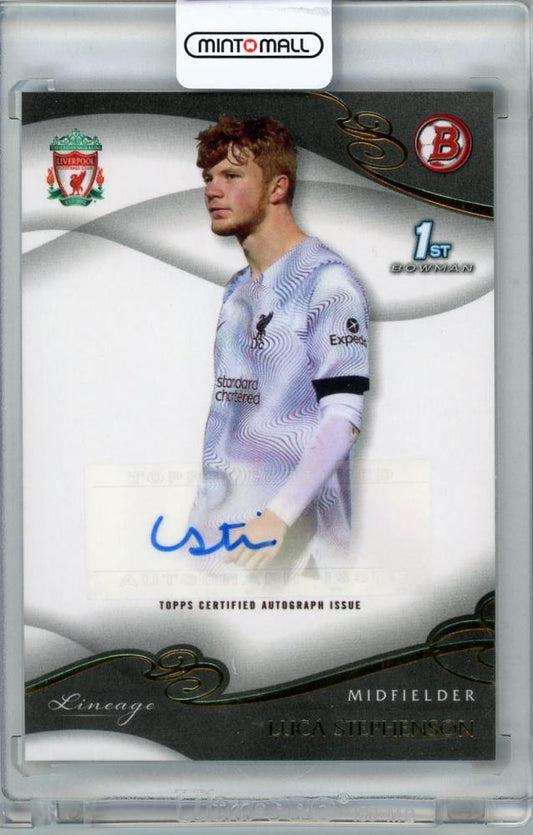 2022-23 TOPPS Liverpool Lineage Luca Stephenson 1st Bowman Auto trading card featuring Liverpool FC