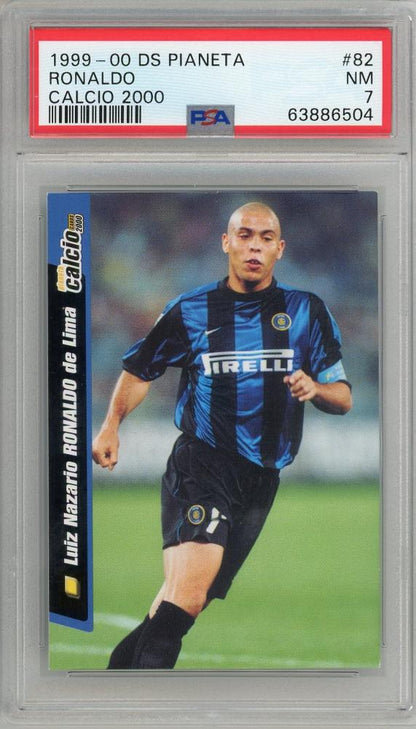 1999-00 DS PlANETA Ronaldo #82PSA7 Inter soccer card graded PSA 7 showing player Ronaldo in team Inter kit