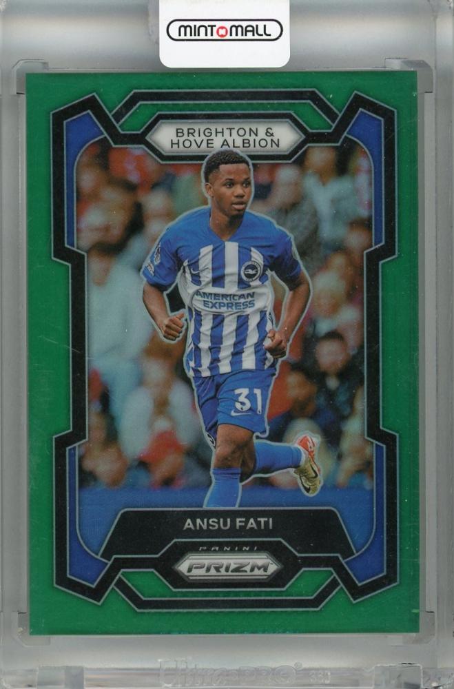 2023-24 Panini Prizm Premier League Ansu Fati Green Prizm trading card numbered 1003 out of 5 featuring Brighton & Hove Albion