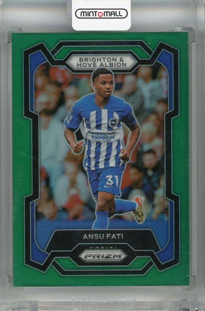 2023-24 Panini Prizm Premier League Ansu Fati Green Prizm trading card numbered 1003 out of 5 featuring Brighton & Hove Albion