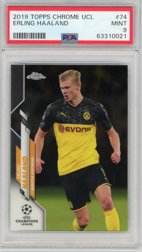 2019-20 Topps Chrome UEFA Champions League Borussia Dortmund Erling Haaland rookie card PSA 9 with minor stain on back