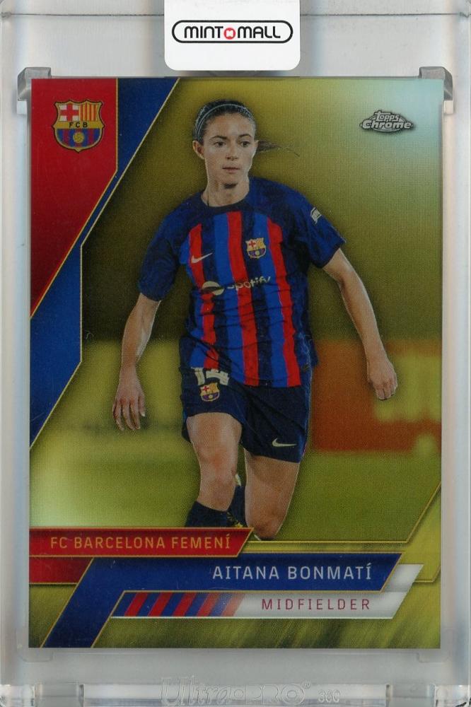 2022-23 Topps Chrome FC Barcelona Aitana Bonmati Gold #57 card serial number 40 of 50 with minor stain on back