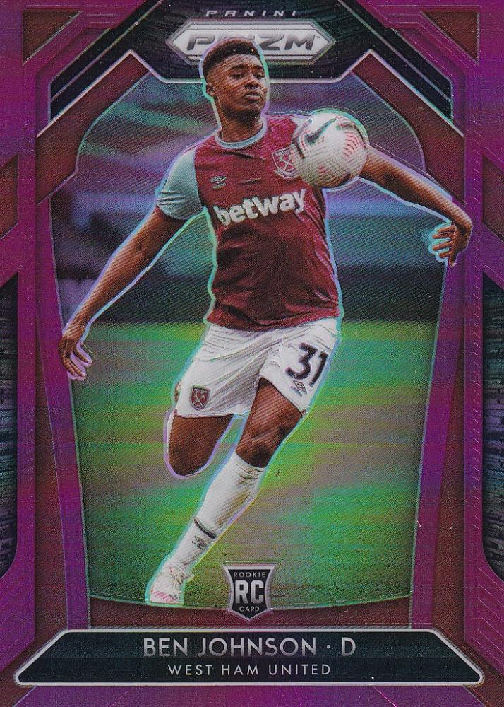 2020-21 Panini Prizm Premier League Ben Johnson West Ham United purple parallel card numbered 06 of 99