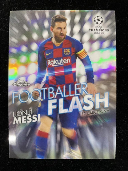 2019-20 Topps Chrome UEFA Champions League trading card featuring FC Barcelona Lionel Messi footballer flash