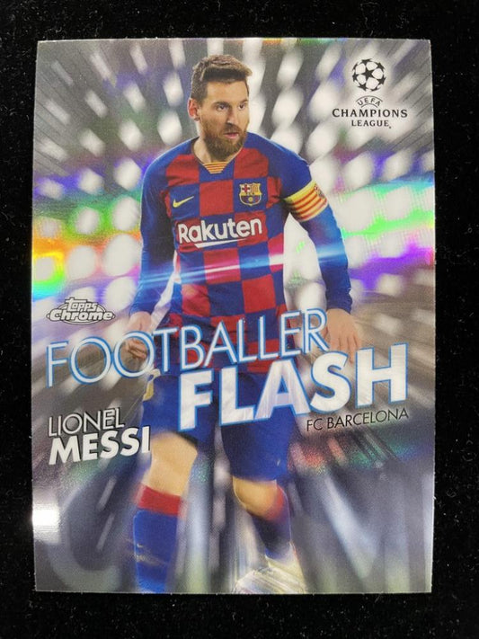 2019-20 Topps Chrome UEFA Champions League trading card featuring FC Barcelona Lionel Messi footballer flash