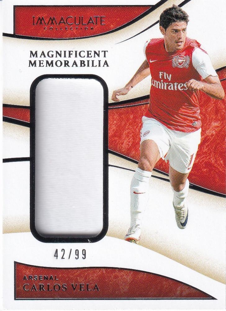 2020 Panini Immaculate Collection Arsenal Carlos Vela Magnificent Memorabilia card numbered 42 out of 99