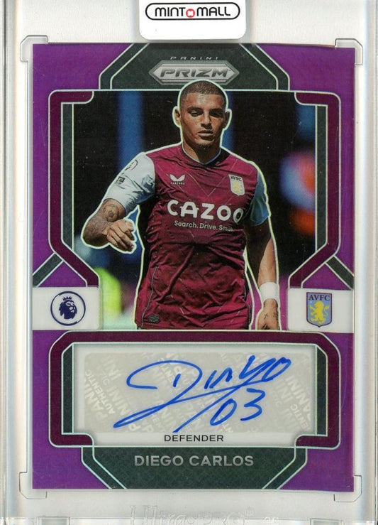 2022-23 Panini PRIZM Premier League Diego Carlos Purple Autograph trading card numbered 15 out of 25