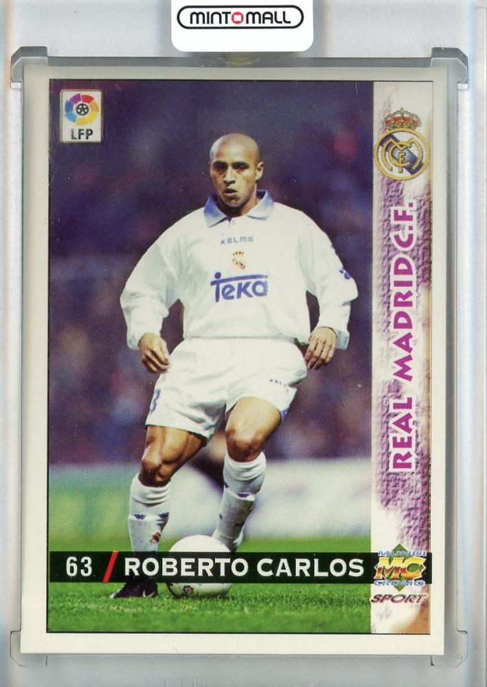 1998 Roberto Carlos Mundicromo Las Fichas De La Liga trading card #63 featuring Real Madrid player with damage
