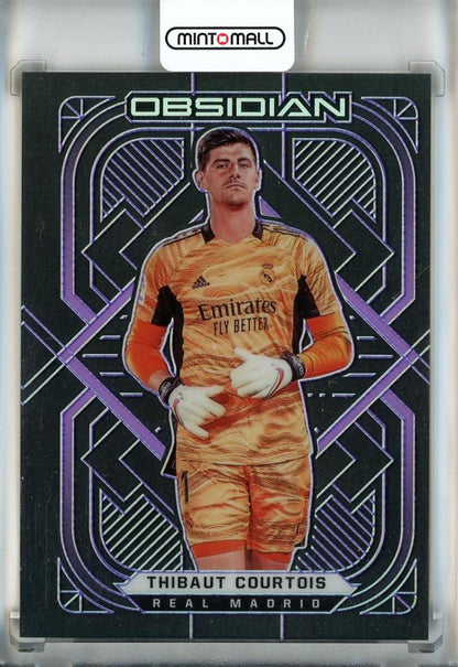 2021-22 Panini Obsidian Thibaut Courtois Electric Etch Purple trading card numbered 5528 out of 30 from Real Madrid