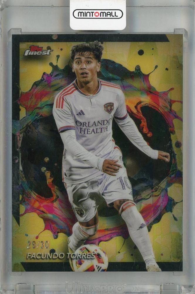 2024 Topps Finest MLS Facundo Torres Rare Gold Refractor trading card numbered 29 of 30 featuring Orlando City SC
