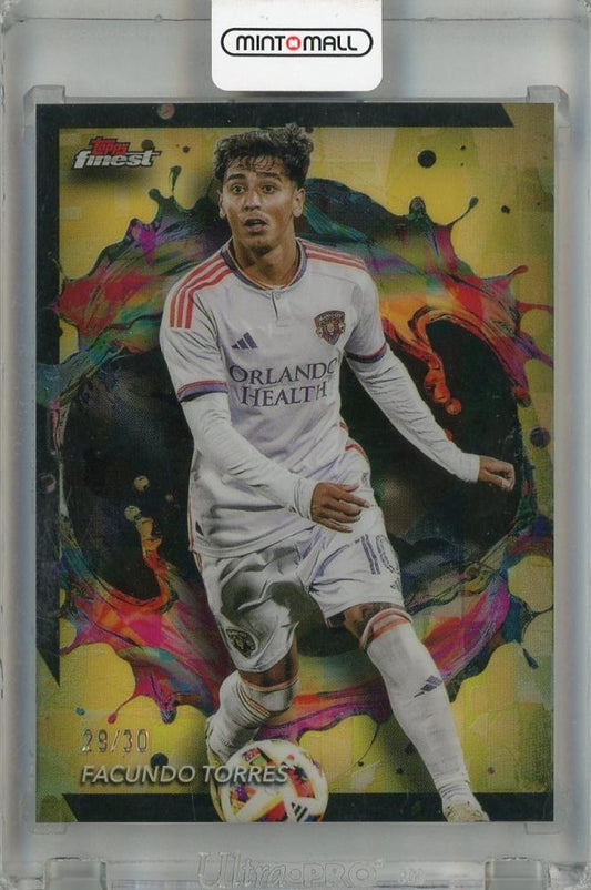 2024 Topps Finest MLS Facundo Torres Rare Gold Refractor trading card numbered 29 of 30 featuring Orlando City SC