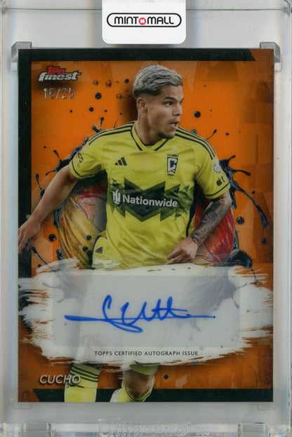 2024 Topps Finest MLS trading card of Cucho Hernandez with orange refractor and autograph serial numbered 16 out of 25