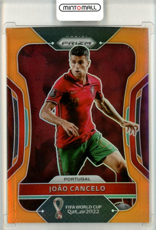 2022 Panini Prizm World Cup Joao Cancelo Orange Prizm trading card number 178 numbered 22 out of 25 with scratch on back