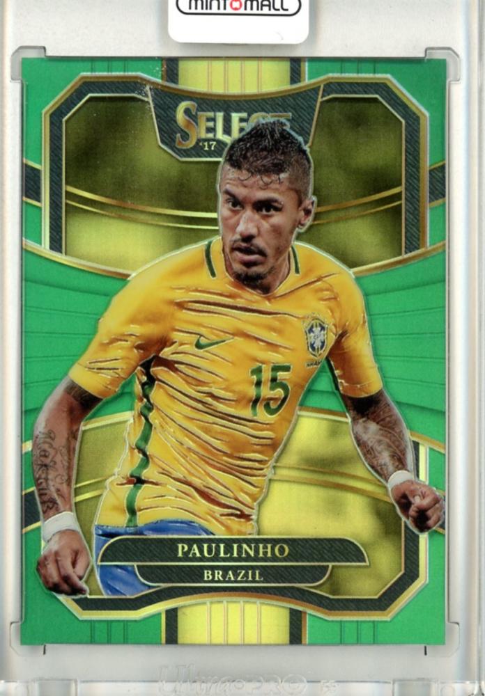 2017-18 Panini Select Soccer card of Paulinho featuring green parallels and serial number 44