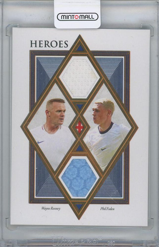 2021-22 FUTERA Unique World Football Heroes Duo Relics card featuring Wayne Rooney and Phil Foden from England