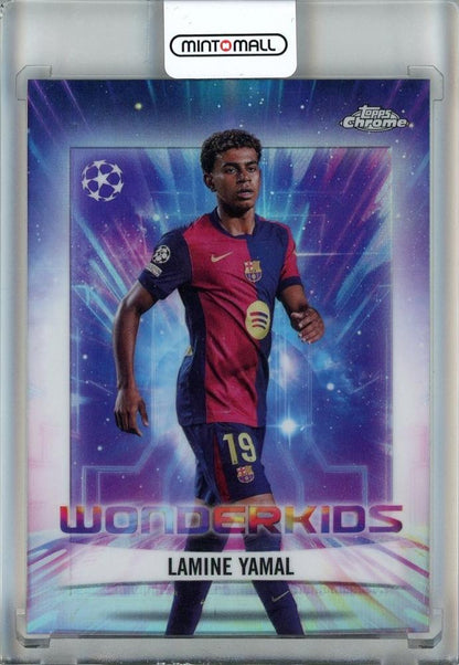 2024-25 Topps Chrome UEFA Club Competitions Lamine Yamal Wonderkids #WK1 trading card featuring FC Barcelona