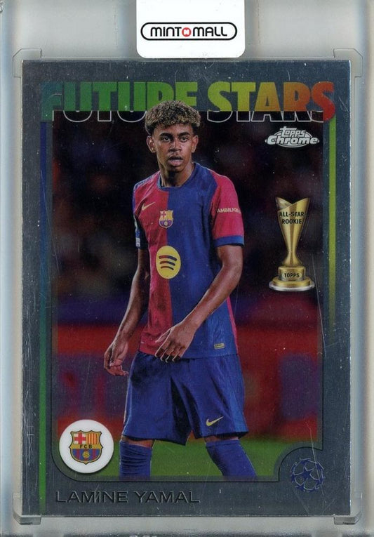 2024-25 Topps Chrome UEFA Club Competitions trading card featuring Lamine Yamal #27 FC Barcelona
