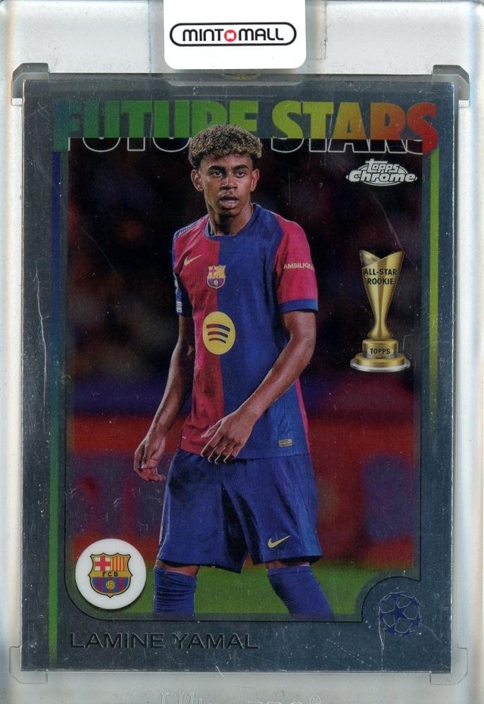 2024-25 Topps Chrome UEFA Club Competitions trading card featuring Lamine Yamal #27 of FC Barcelona in new condition