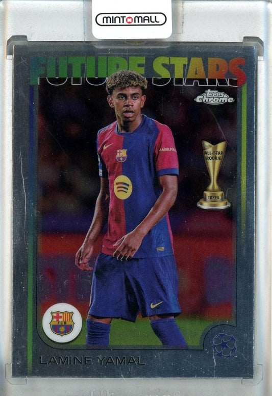 2024-25 Topps Chrome UEFA Club Competitions trading card featuring Lamine Yamal #27 of FC Barcelona in new condition