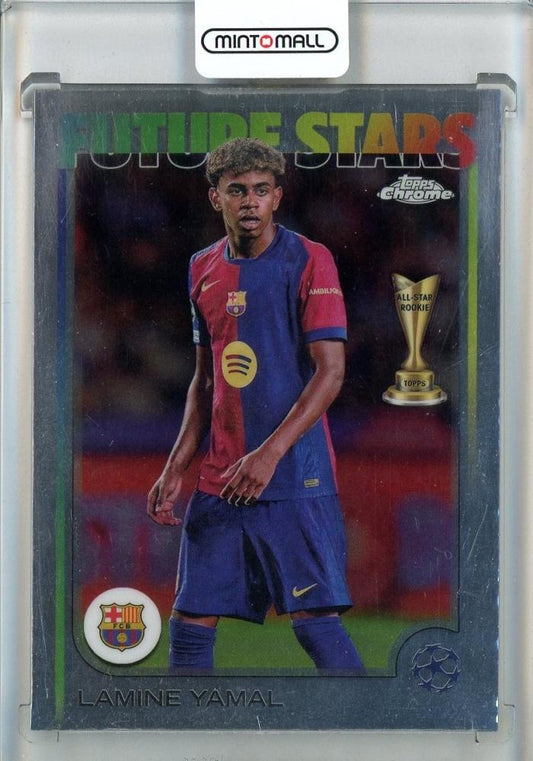 2024-25 Topps Chrome UEFA Club Competitions trading card featuring Lamine Yamal #27 from FC Barcelona