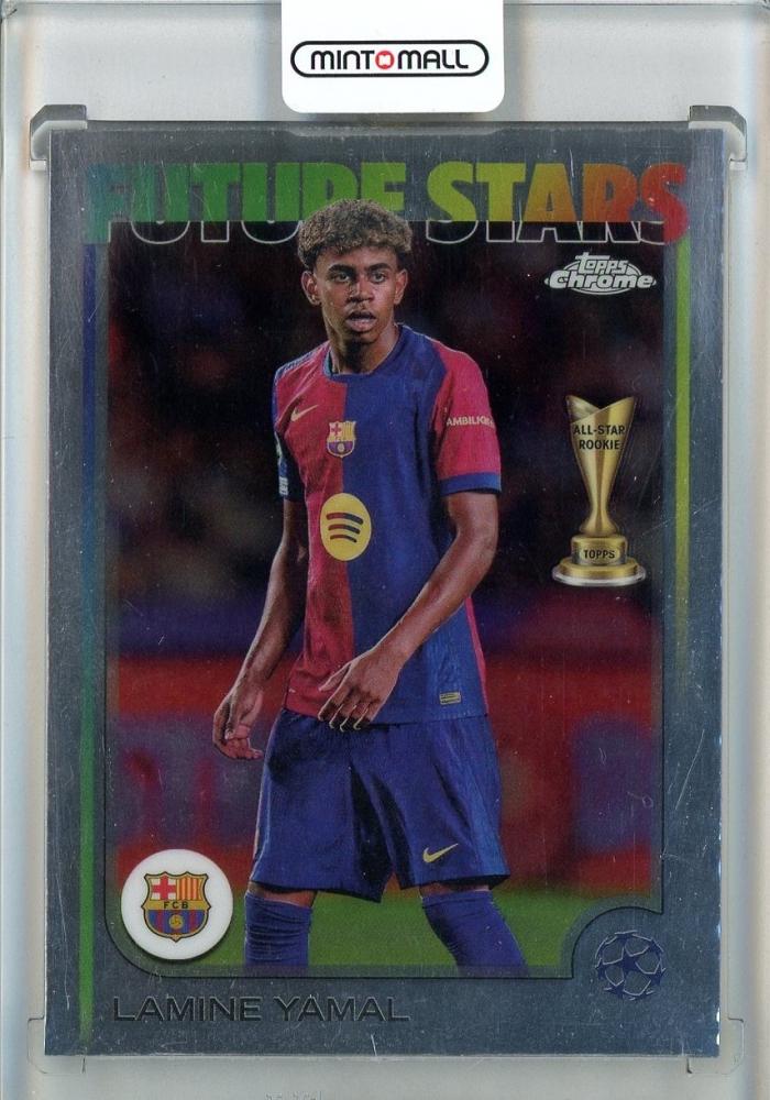 2024-25 Topps Chrome UEFA Club Competitions trading card featuring Lamine Yamal #27 of FC Barcelona