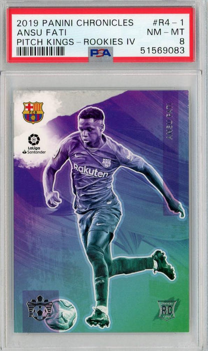 2019-20 Panini Chronicles FC Barcelona Ansu Fati Pitch Kings Rookies IV card graded PSA 8