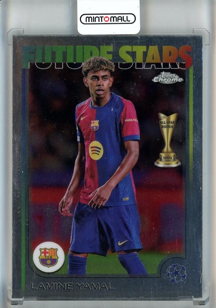 2024-25 Topps Chrome UEFA Club Competitions trading card featuring Lamine Yamal #27 of FC Barcelona