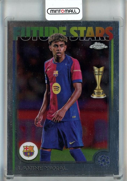 2024-25 Topps Chrome UEFA Club Competitions trading card featuring Lamine Yamal #27 of FC Barcelona