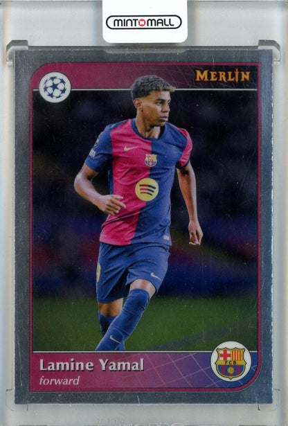 2024-25 Merlin UEFA Club Competitions Lamine Yamal Mini Diamond #19 trading card featuring FC Barcelona