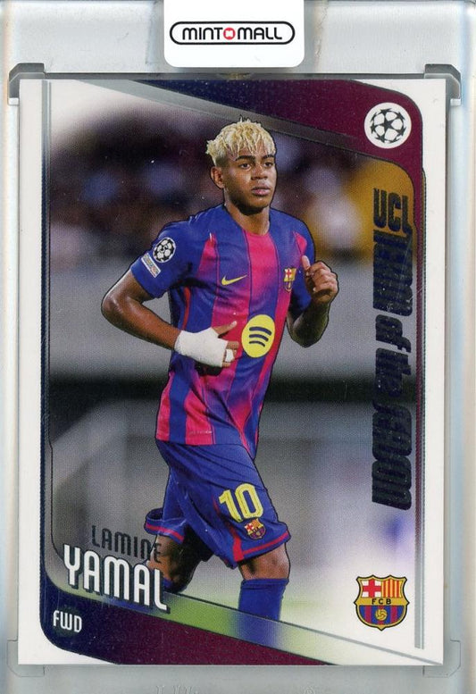 2025-26 Topps UEFA Club Competitions trading card of Lamine Yamal wearing FC Barcelona jersey with number 10