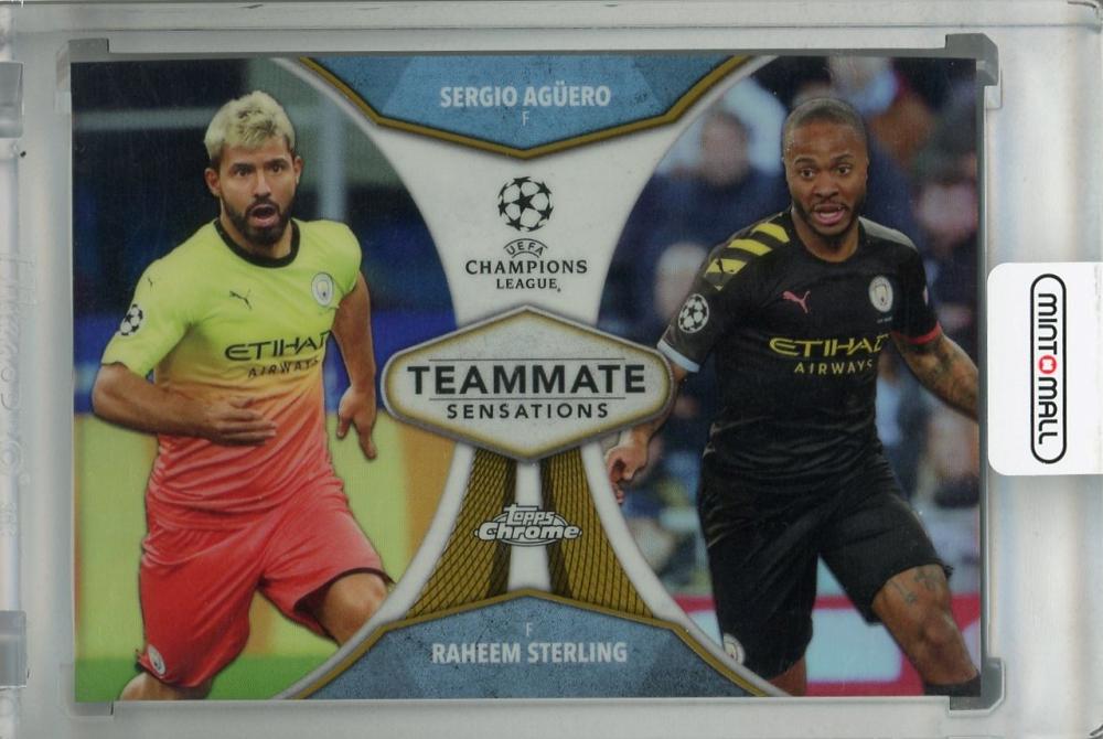 2019-20 Topps Chrome UEFA Champions League Gold Parallel card of Manchester City FC players Sergio Aguero and Raheem Sterling